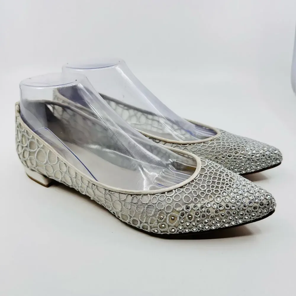 Stuart Weitzman Flats With Sparkling Diamond Jewels Womens 8M Silver Pointed Toe